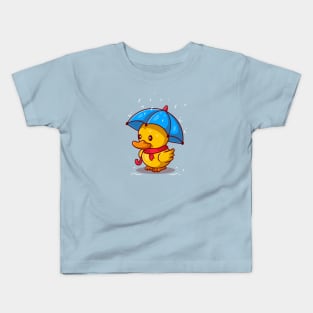 Cute Duck With Umbrella In the Rain Cartoon Kids T-Shirt